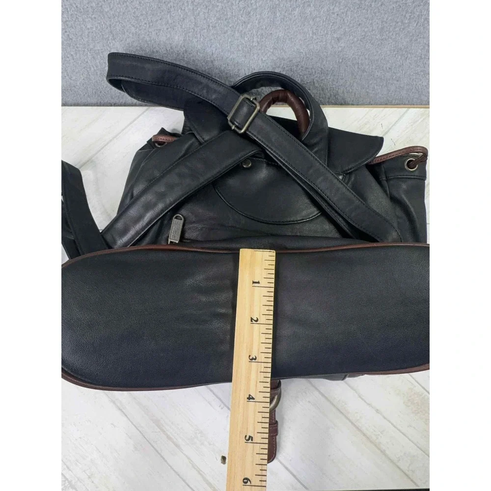 BREE Germany Leather Backpack Purse Black Brown Two Tone Drawstring Flap Bag VTG
